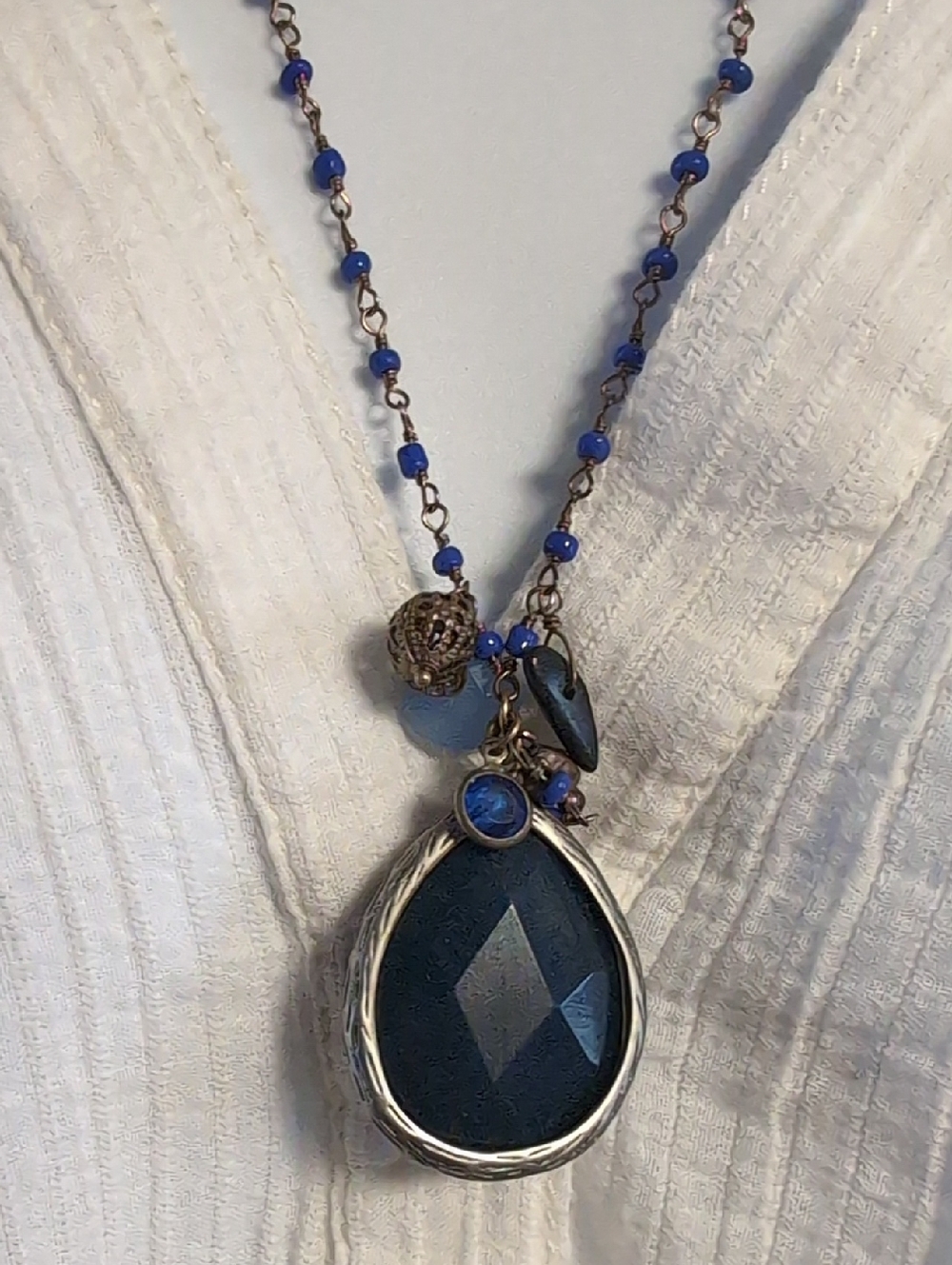 Faceted Navy Teardrop Pendant Necklace with Blue Bead Chain